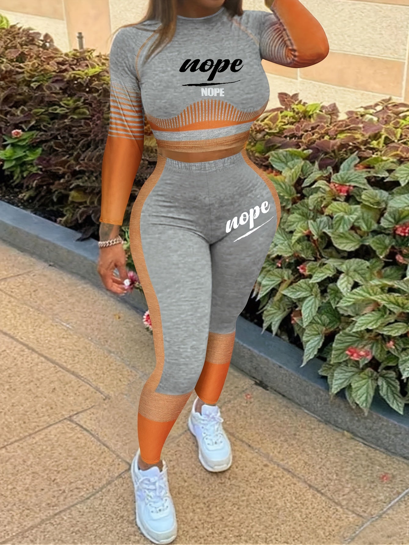 Vibrant Color Block Two-Piece Set - Crew Neck Long Sleeve Crop Top & Slim Fit Pants Outfit - Comfortable, Relaxed Fit, Casual Women's Clothing for Everyday Wear